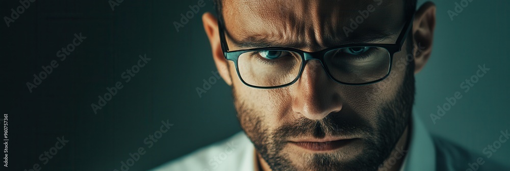 Aufkleber a man expresses deep thought and seriousness while wearing glasses, immersed in contemplation during