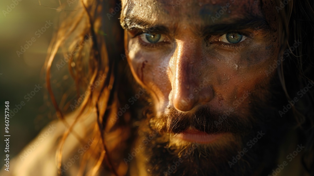 Poster a close-up shot of a man with distinctive long hair and beard, suitable for use in editorial or comm