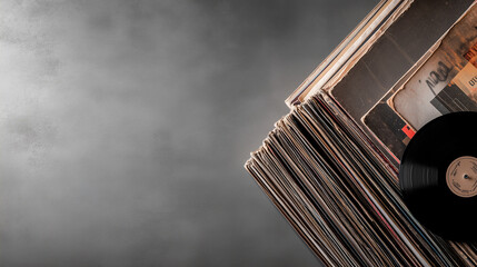 A stack of vintage vinyl records with one record partially pulled from its sleeve, set against a textured gray background. This image captures the nostalgia and tactile beauty of classic music collect