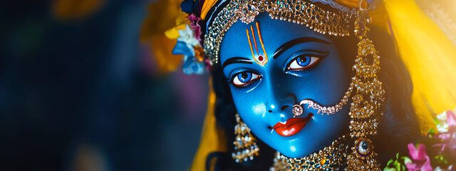 Cute little baby Krishna with blue skin on light background. Birthday of Krishna, eighth avatar of Vishnu. Shree Krishna Janmashtami or Gokulashtami. Indian religious festival