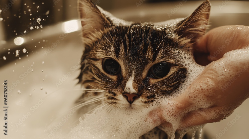 Poster close-up of a cat being bathed in a bathtub, with foam and water droplets on its fur, and a hand gen
