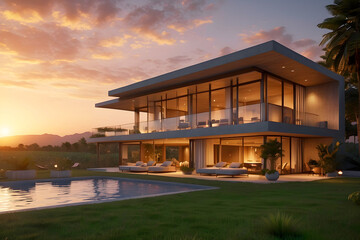 A luxury home at sunset.