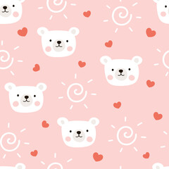 Obraz premium Cute white polar bear sky with red heart, pink kids seamless pattern
