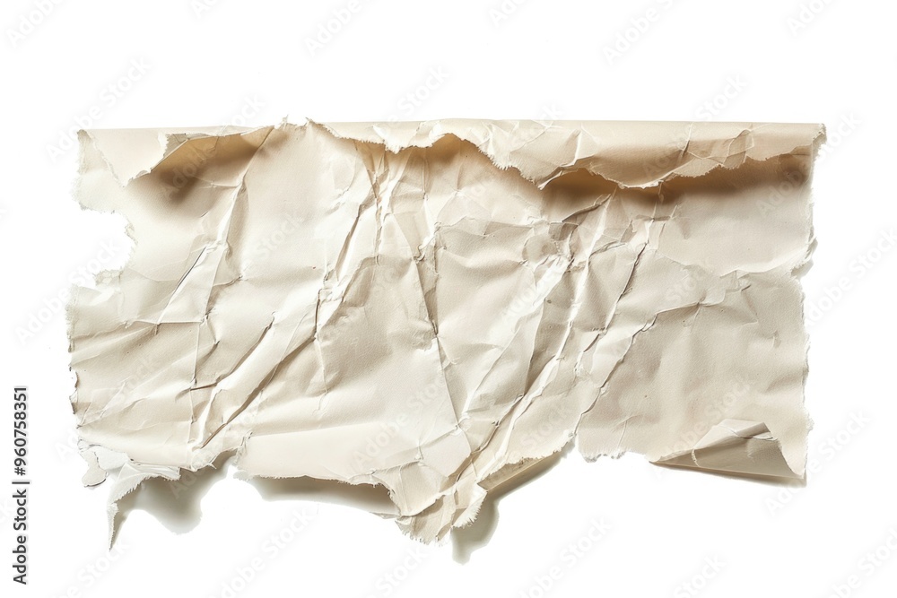 Poster a piece of torn paper with unknown text lies on a white surface