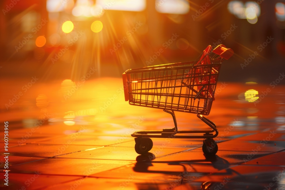 Poster A shopping cart sits on a tiled floor in a retail setting, providing a convenient spot to temporarily store items