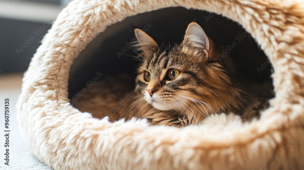 Poster close-up of a cozy, plush cat house with soft bedding inside, nestled in a corner, offering a perfec