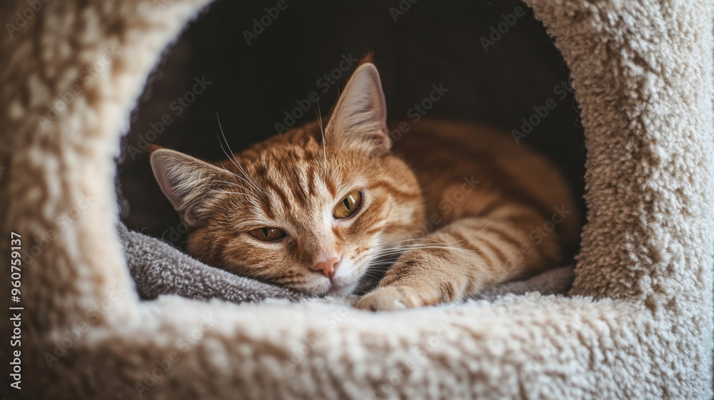 Poster close-up of a cozy, plush cat house with soft bedding inside, nestled in a corner, offering a perfec