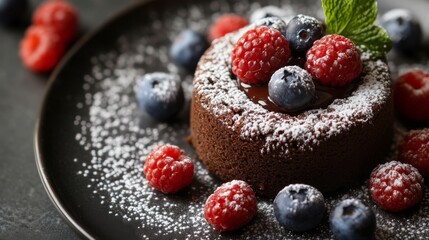 Close-up of a decadent chocolate lava cake with a gooey center, garnished with fresh berries and a dusting of powdered sugar, emphasizing the indulgent details.