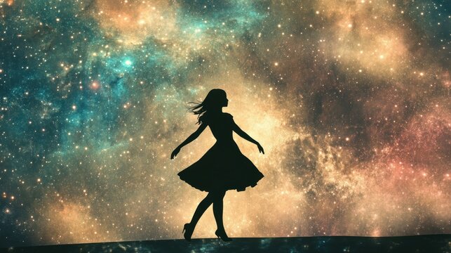 Silhouette of a Woman Walking Against a Starry Sky
