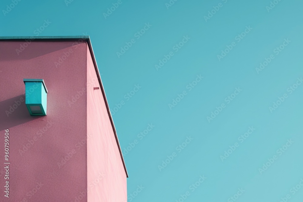 Aufkleber A pink building with a blue window on the side, suitable for use in design and illustration projects