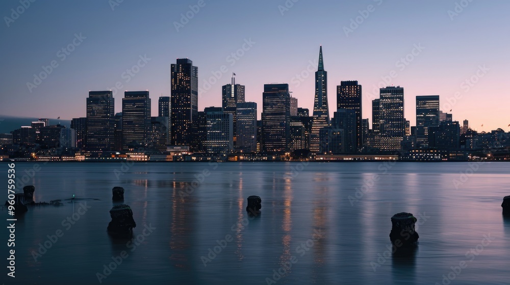 Poster view of a city skyline from across the water, perfect for use in travel or architecture images