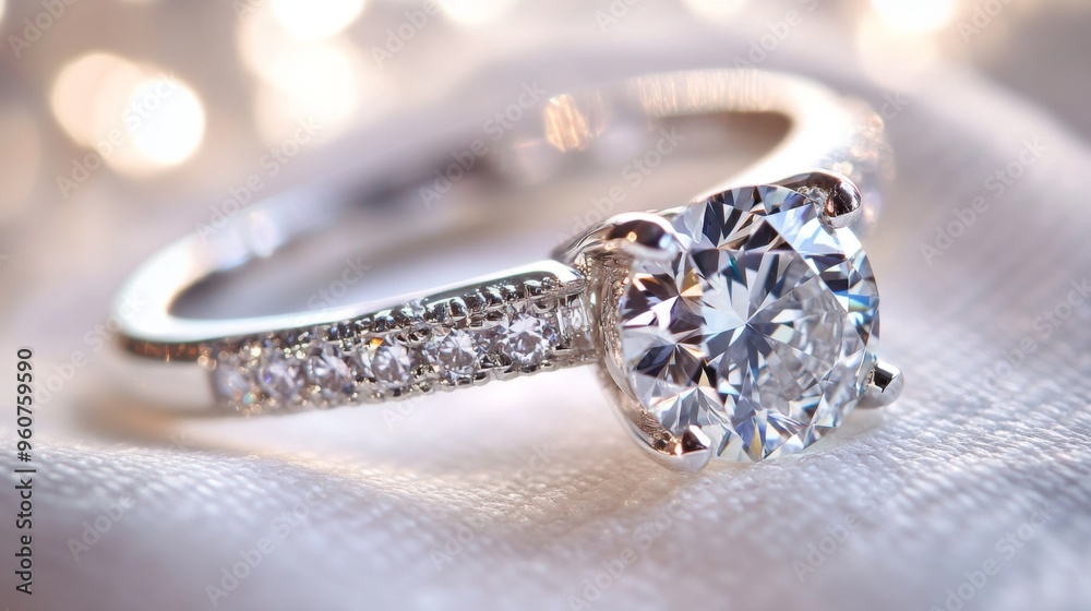 Poster Close-up of a diamond engagement ring on a white background, capturing the fine details of the setting and the sparkling gem.