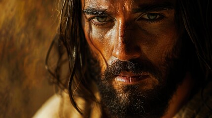 Portrait of a bearded man with long hair, looking directly at the camera