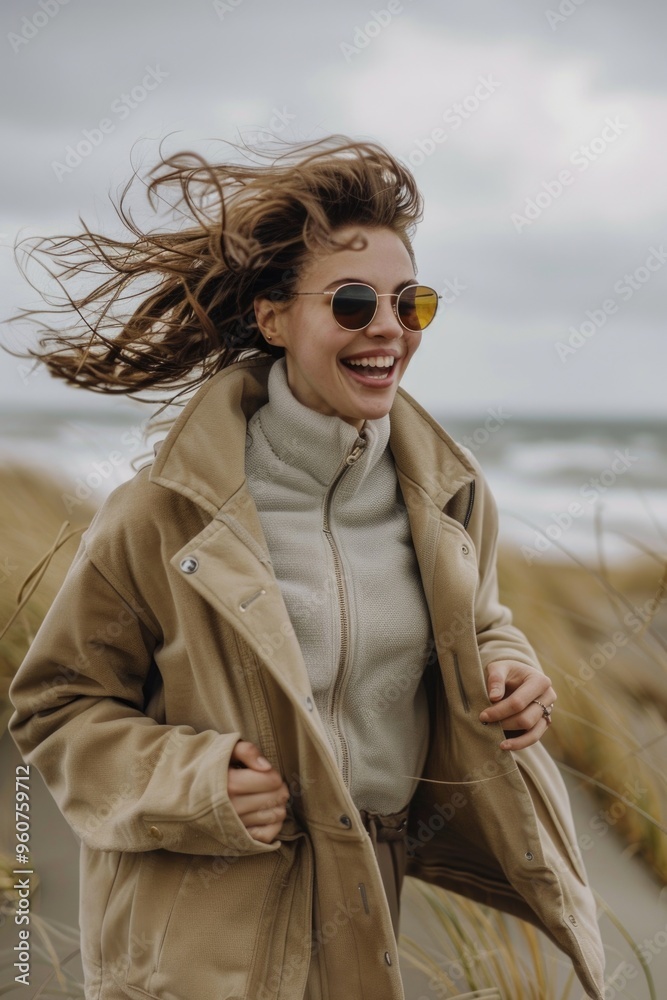 Canvas Prints A woman relaxing on the beach wearing a tan coat and sunglasses