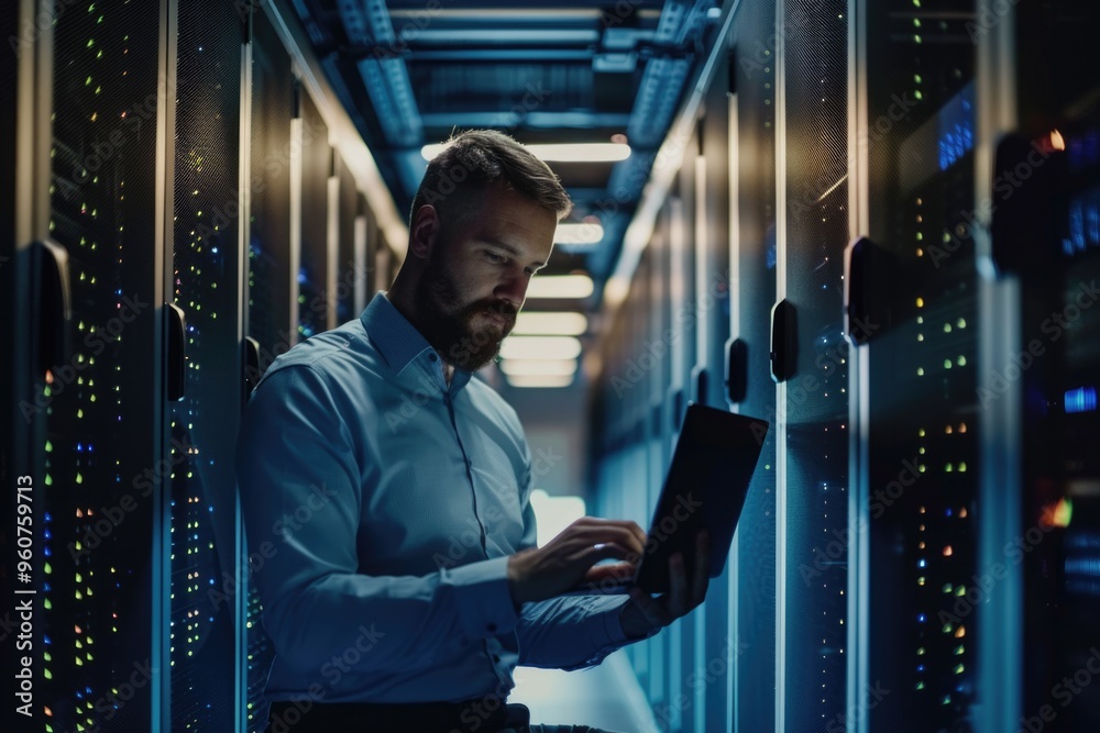 Aufkleber a person works on a laptop in a secure data center environment