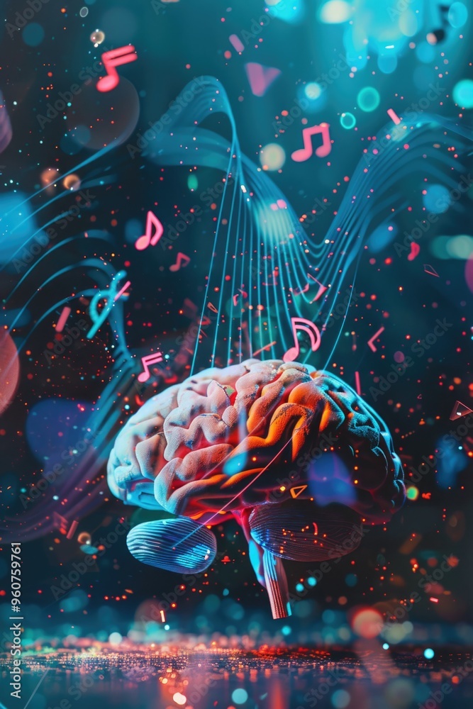 Poster a creative illustration of a brain with musical notes emanating from it, ideal for use in educationa