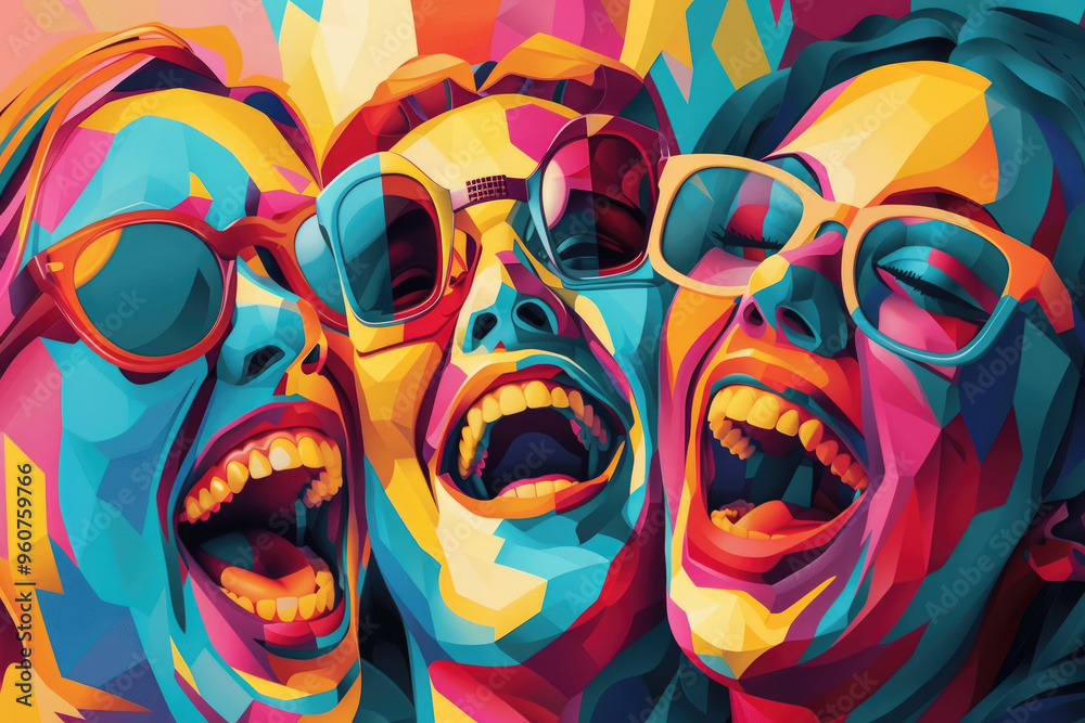 Wall mural three friends are laughing heartily while wearing colorful sunglasses, surrounded by a burst of vibr