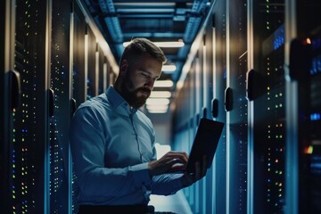 A person works on a laptop in a secure data center environment
