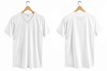 Two white t-shirts hung on a wooden hanger, great for fashion or lifestyle photography