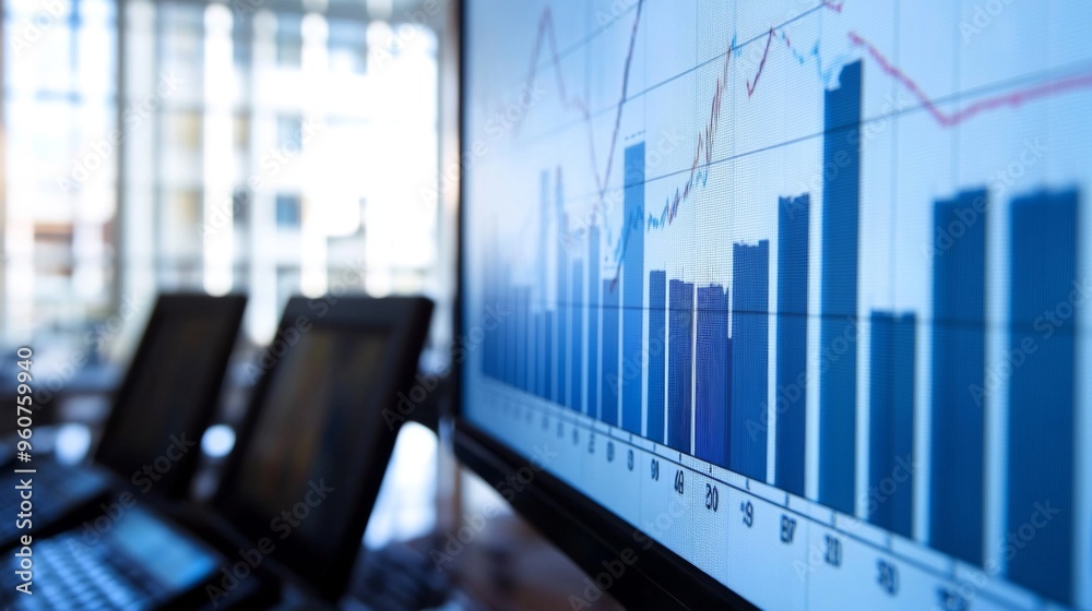 Fototapete Close-up of a financial graph with a focus on positive growth trends and key performance indicators, set against a backdrop of a bustling business environment.