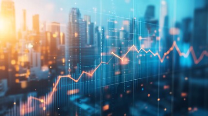 Close-up of a financial graph with a focus on positive growth trends and key performance indicators, set against a backdrop of a bustling business environment.
