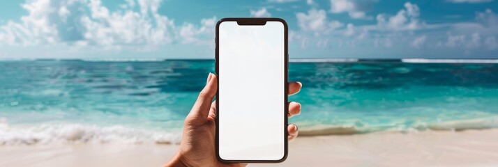 Hand holding phone with customizable screen on sunny shore