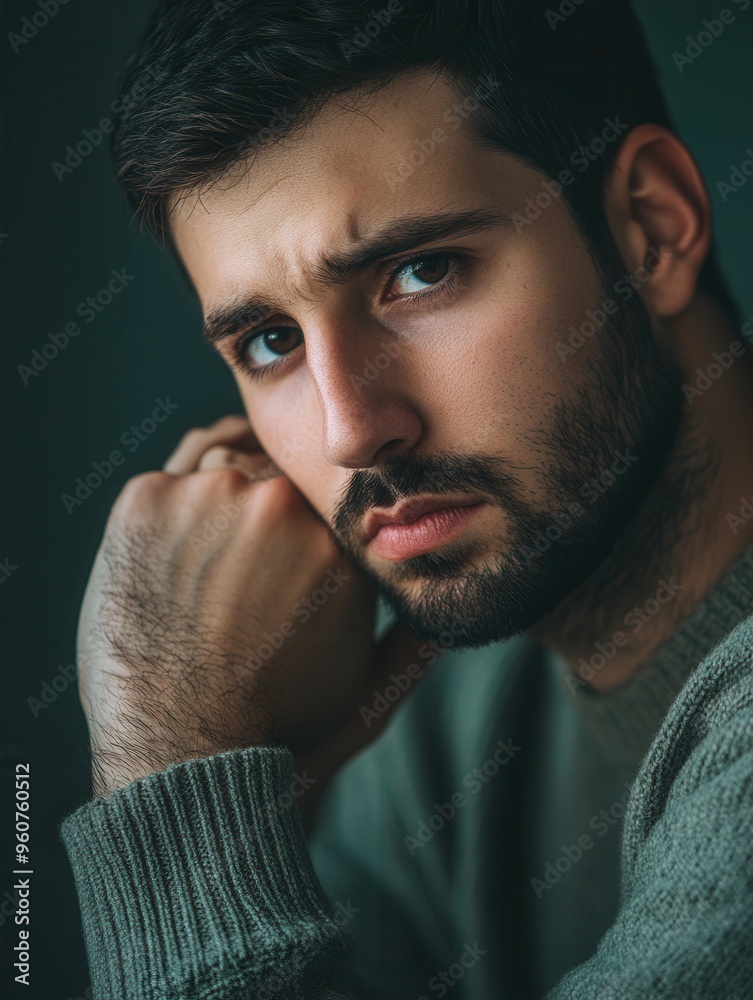 Fototapete a man appears deep in thought, gazing seriously while resting his chin on his hand, illuminated by s