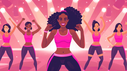 Women are joyfully exercising together in vibrant pink outfits, surrounded by dynamic lighting in a dance class