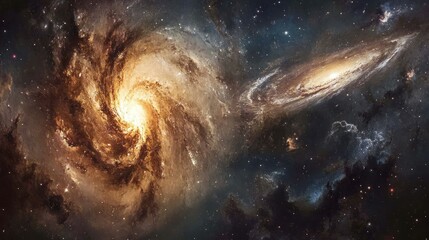 Obraz premium Two Spiraling Galaxies in a Starry Cosmic Landscape
