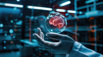 A researcher delicately displays a translucent brain model amid advanced lab equipment, focusing on neuroscience innovation