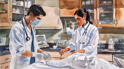 Two medical students are engaged in practical training, diligently working on a simulation in their laboratory