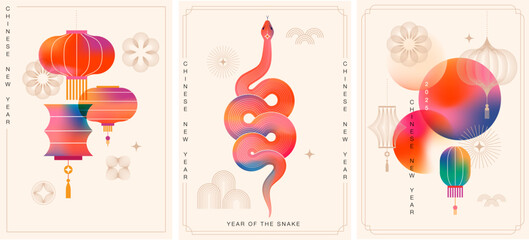Chinese new year 2025 year of the Snake. Red Snake illustrations, vertical design, cards, banners. Red traditional Chinese vector designs with snakes. Lunar new year concept, geometric modern design