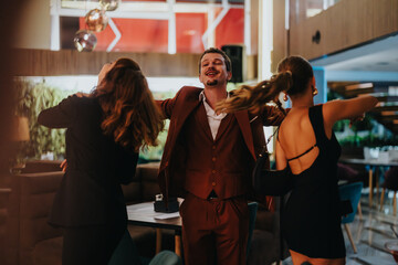 A group of friends dancing and having fun during a night out at a vibrant venue. The atmosphere is lively and joyful, capturing the spirit of celebration.