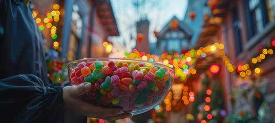 Fototapeta premium Hand Holding Candy Bowl in Festive Halloween Setting for Holiday Celebrations and Decorations
