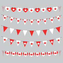 Canada Day decoration garland set, red and white, flag of canada color hearts garland, string of pennants for outdoor party, red maple leaf, decoration, vector illustration