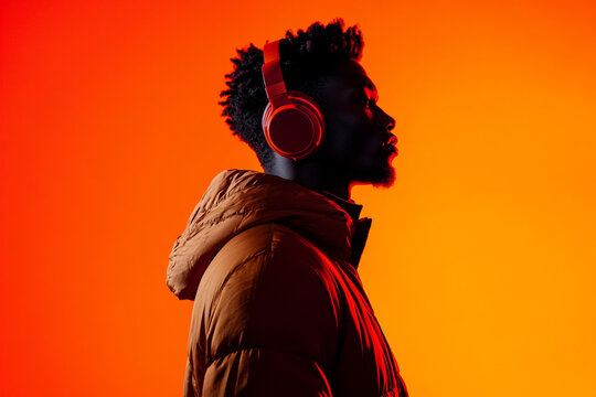 Burgundy Headphones with Solid Neon Orange Stylish Portrait Featuring a Man with Bold Neon Orange Details