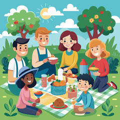 Group of friends enjoying a picnic together in a vibrant outdoor setting