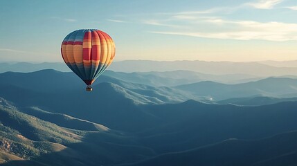 Obraz premium Lone hot air balloon floats over a vast mountain range, bathing in the warm glow of the setting sun. The serene landscape evokes a sense of freedom and adventure