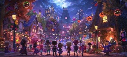 Obraz premium Halloween Costumes and Festively Decorated Neighborhood for Spooky Evening Celebration