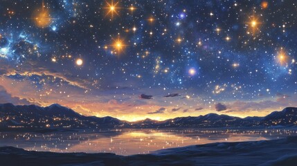 Obraz premium Night Sky with Stars Reflecting in a Lake at Sunset