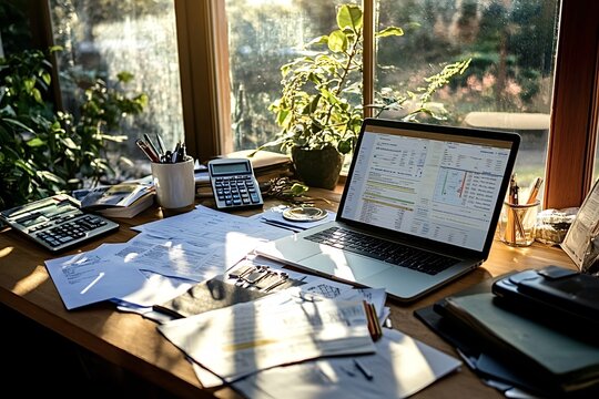 Home office with a laptop displaying financial data and surrounded by documents and calculators, bathed in warm sunlight streaming through a window
