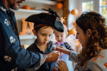 Family Halloween Costume Preparation: Pirate and Fairy Themes in Festive Decorated Room