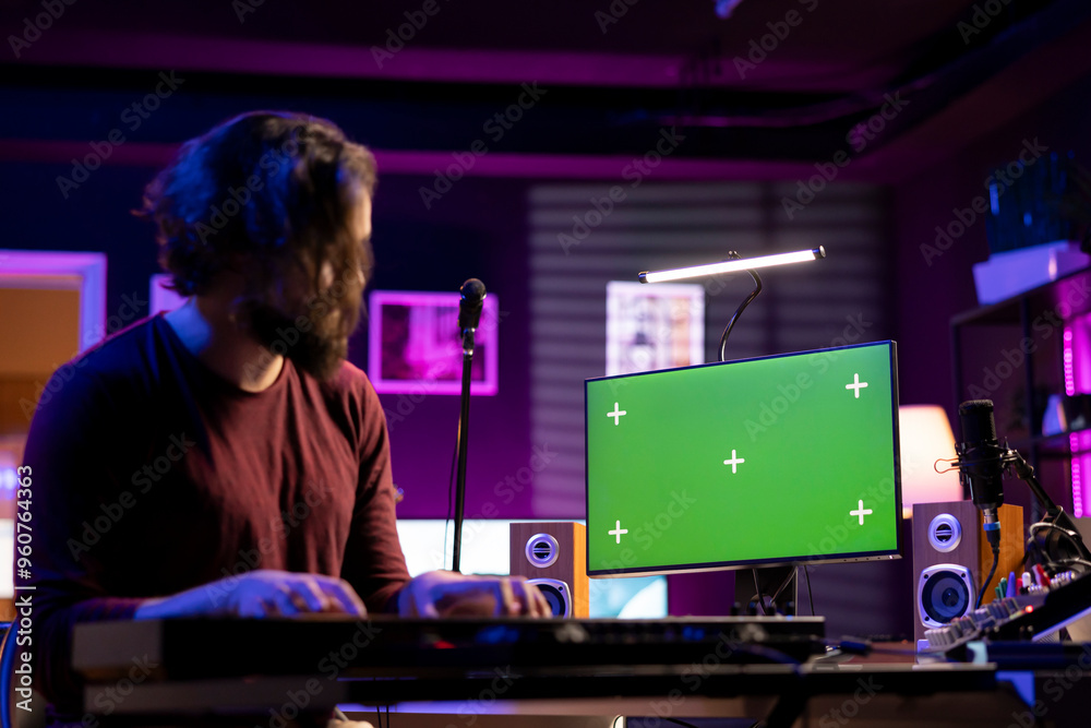 Fototapete music producer composing a melody on midi controller keyboard and watching online lessons on compute