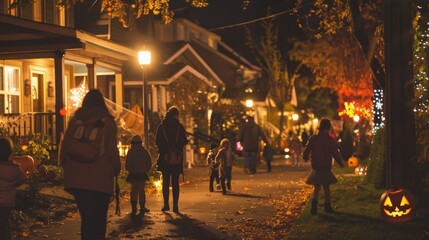 Festive Halloween Night in a Decorated Neighborhood with Families and Children Trick-or-Treating