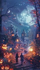 Enchanting Halloween Night with Kids in Costumes, Glowing Jack-o'-Lanterns, and Spooky Decorations
