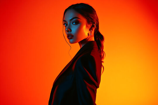 Woman in Charcoal Suit with Solid Neon Orange Chic Portrait Featuring Vibrant Neon Orange Background