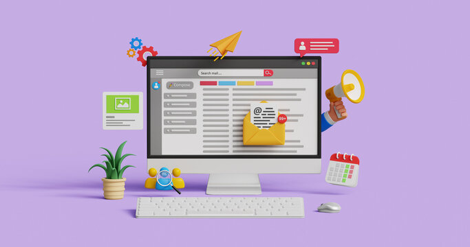 Email marketing, email automation. Subscribe to newsletter. Sign up to mailing list. Newsletter marketing, customer retention concept. 3D computer with emails inbox and marketing icons