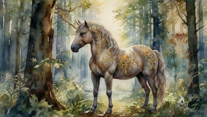 Magical unicorn in a misty forest