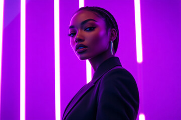 Chic Womens Charcoal Suit with Neon Purple Fashion Portrait, Vibrant Background