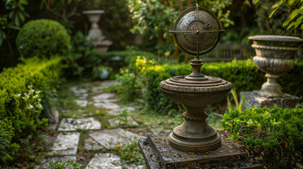Naklejka premium A classic sundial centerpiece in a meticulously designed garden surrounded by lush greenery, symbolizing timeless elegance and history in garden architecture.